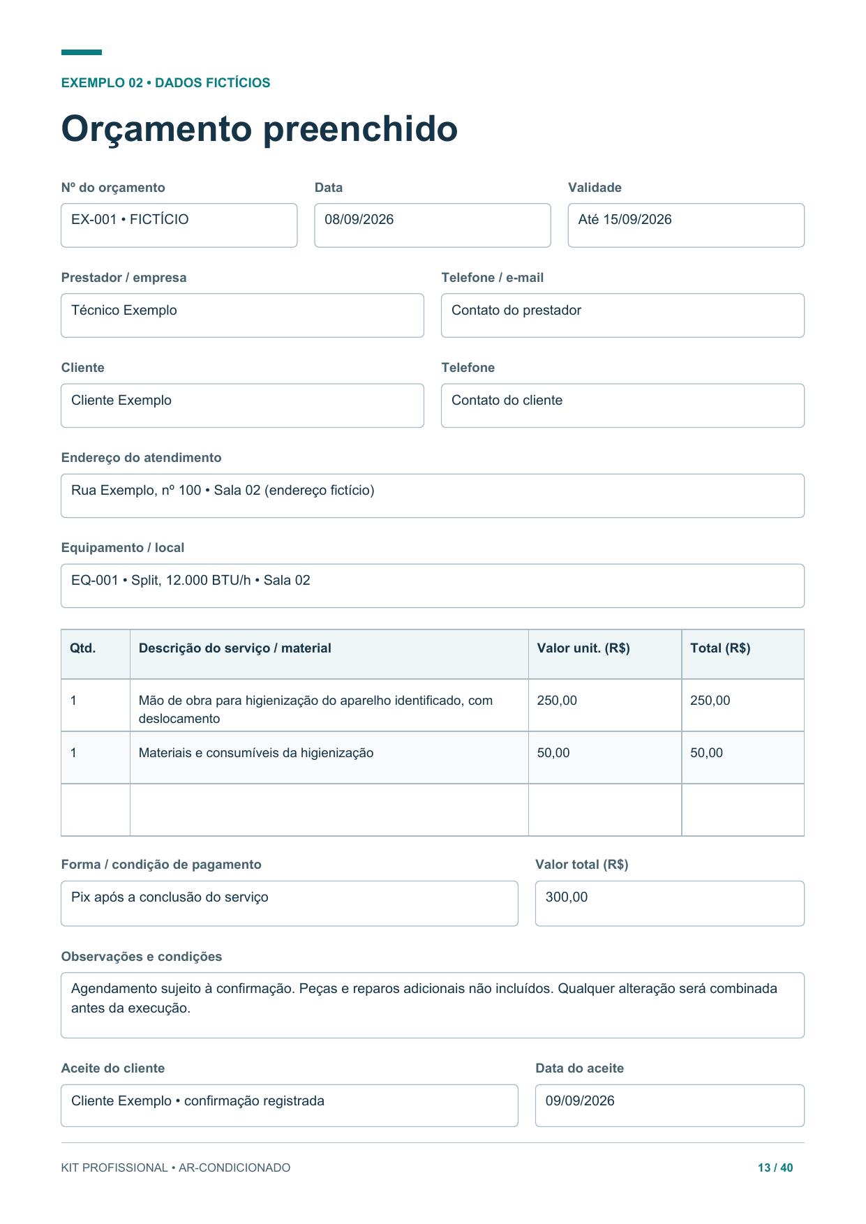 Página do kit com um orçamento preenchido, com dados fictícios.